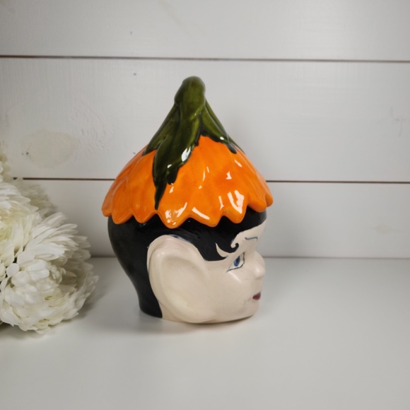 Vintage 1960s Pixie Elf Head Ceramic Cookie Jar w/ Orange Leaf Hat- MCM, Retro - Picture 2 of 9